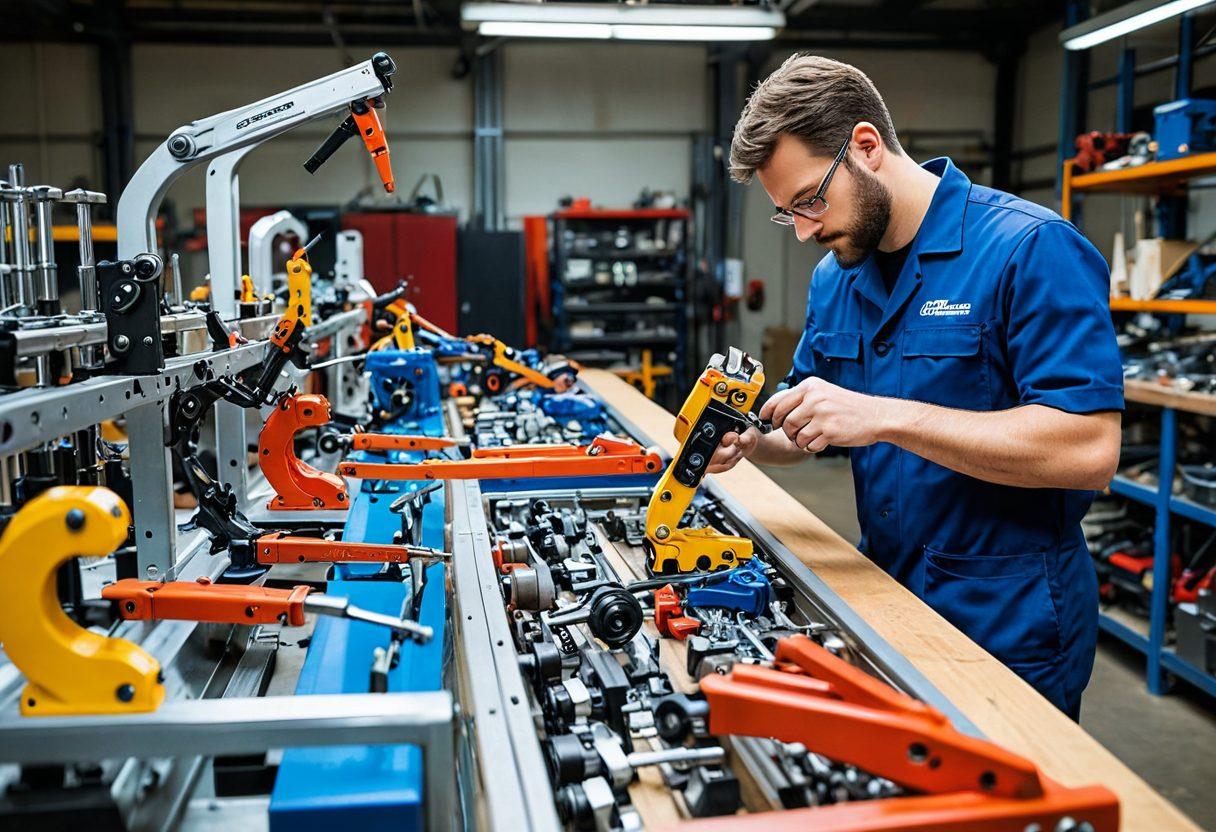 A dynamic scene showcasing various innovative clamps used in mechanical engineering, emphasizing their unique designs and functionalities. The background features a workshop environment with tools and machinery, while a focused engineer examines a clamp's adjustment mechanism. Bright colors and detailed textures highlight the clamps' materials. super-realistic. vibrant colors. industrial setting.