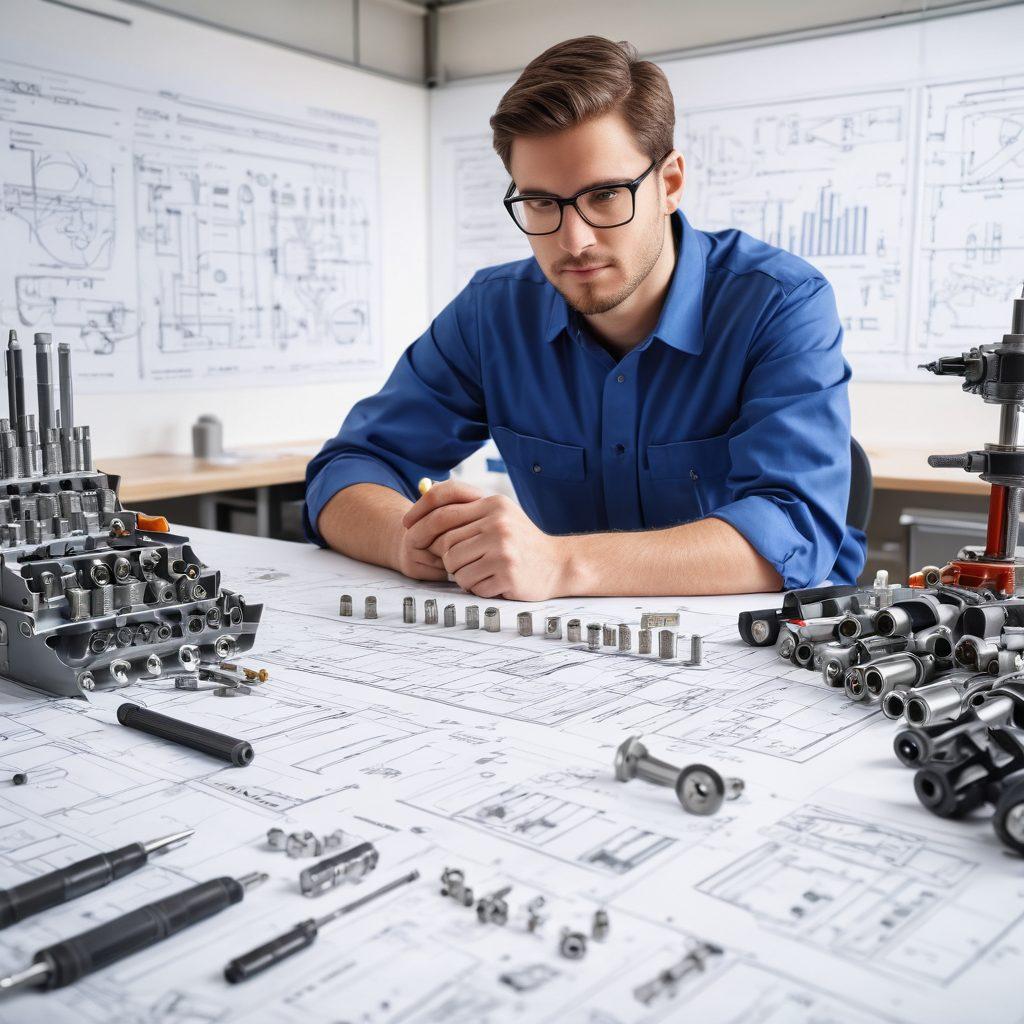 An engineer holding various fastening systems, such as screws, bolts, and adhesives, surrounded by technical diagrams and blueprints. The background features a workshop filled with engineering tools, showcasing a blend of traditional and modern fastening techniques. The scene should convey a sense of expertise and innovation. super-realistic. vibrant colors. white background.