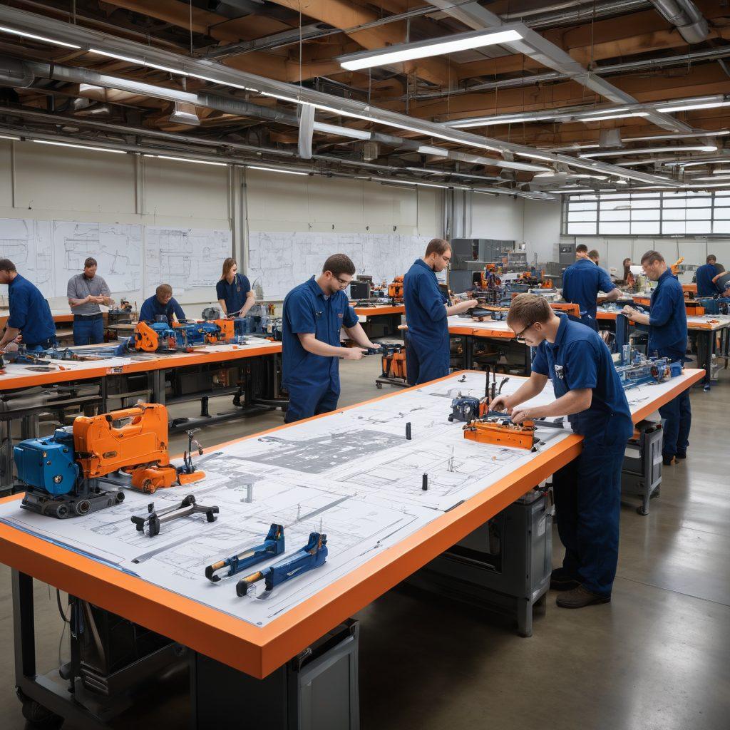 A dynamic engineering workspace showcasing a variety of innovative clamping solutions in action. Include a diverse team of engineers collaborating, with blueprints and tools spread around. Highlight an array of clamps in use on different materials, emphasizing their flexibility and efficiency. The setting should convey a sense of creativity and problem-solving, with tools and parts neatly organized. vibrant colors. super-realistic. industrial background.